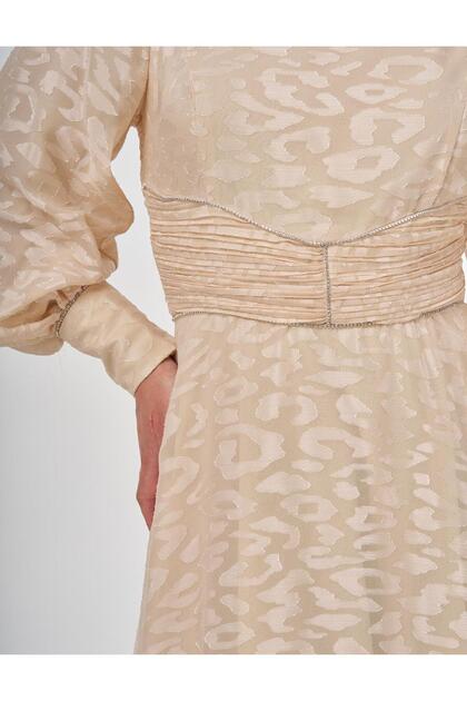 Kayra Drape Detailed Jacquard Dress Sand Beige- Trendyol