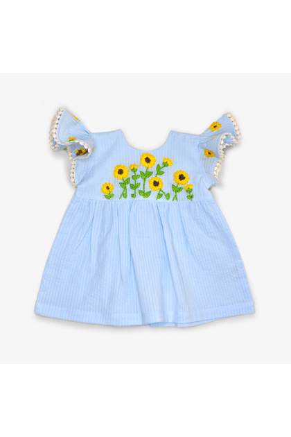 Organic Cotton Sunflower Embroidered Girls Blue Dress with Ruffled Sleeves