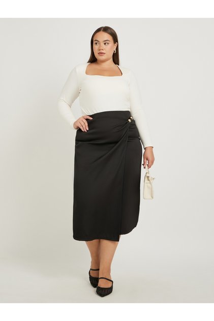 Plus Size Plain Wrap Look A-Line Skirt with Bead Detail
