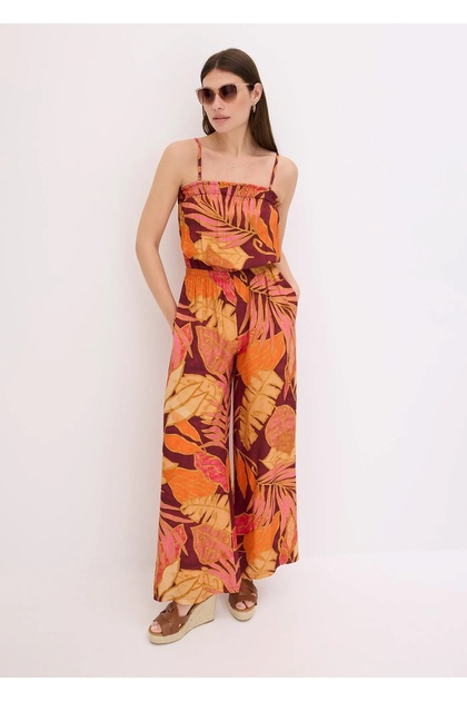 Women's Plus Size Orange, Patterned Viscose Removable Rope Strap Jumpsuit 65N38985