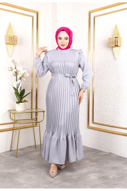 Women's Ruffle Detailed Belted Gray Linen Dress