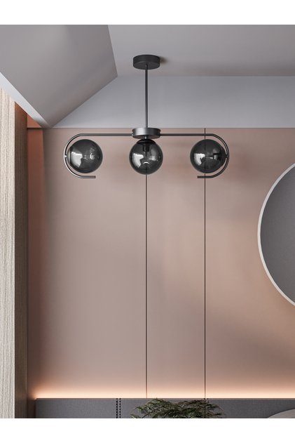 Ayza Modern Siyah Metal Gövdeli 3’lü Füme Cam Küre Avize | Aydınlatma Avize Modeli