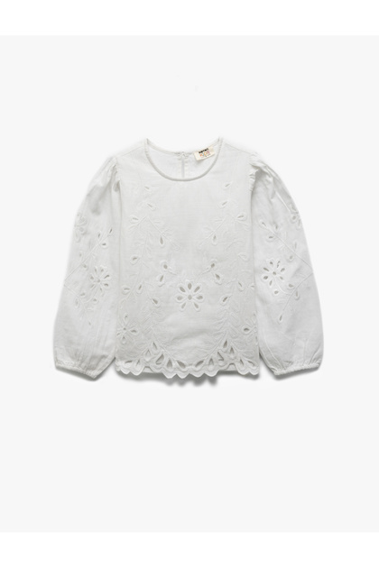 Crew Neck Long Sleeve Scalloped Cotton Blouse