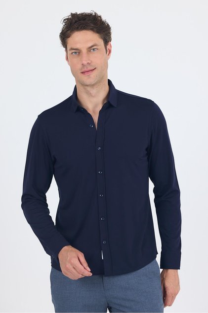 Men's Dark Navy Blue Long Sleeve Knitted Polo Collar Flexible Slim Fit Shirt 1004250153_200