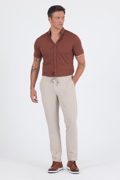 Beige Elastic Side Pockets Casual Comfort Fit Jogger Pants 1003250210