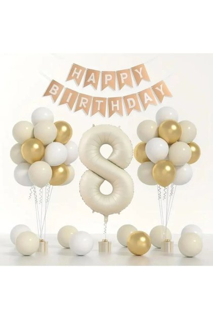 Birthday Balloon Set 🎂 | Gold 🤍 White 🤎 Sea Sand | Foil Balloon and Banner Including Numbers!