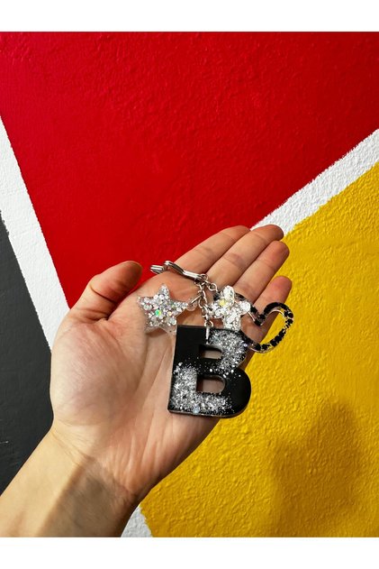Letter B Black with Silver Decorated Star Ring Vip Extra Figured Epoxy Letter Keychain