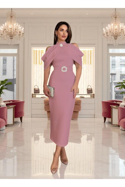 Shoulder Detail Halter Neck Belted Stone-Detail Dress