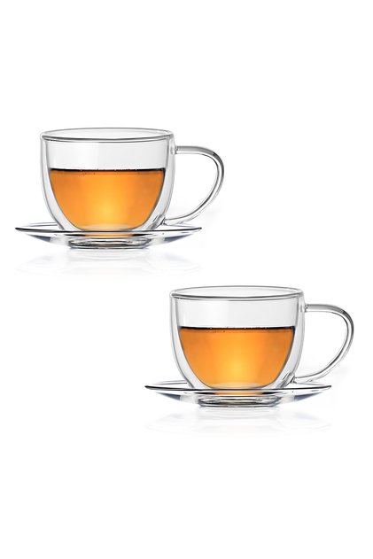 Double Wall Glass Cup & Saucer Set – 2 Cups & 2 Saucers, 180ML – Heat-Resistant Glasses