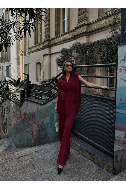 Bordo Kuşaklı Blazer Yelek Pantolon İkili Takım