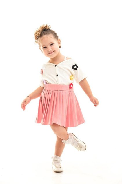 Girl's Floral Appliqued Shirt Pleated Skirt Set I Colorful Flower Detailed I Girl's Set