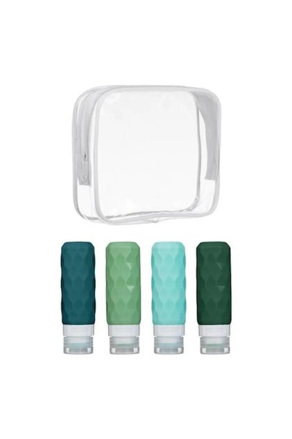 Set 4 sticle de călătorie multicolore 100ml, reutilizabile, recipiente de călătorie din silicon pentru lichide, geantă de mână