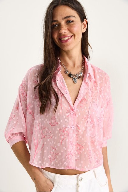 Women's Candy Pink Self-Floral Patterned Half Sleeve Single Pocket Detail Jacquard Transparent Shirt 60282019