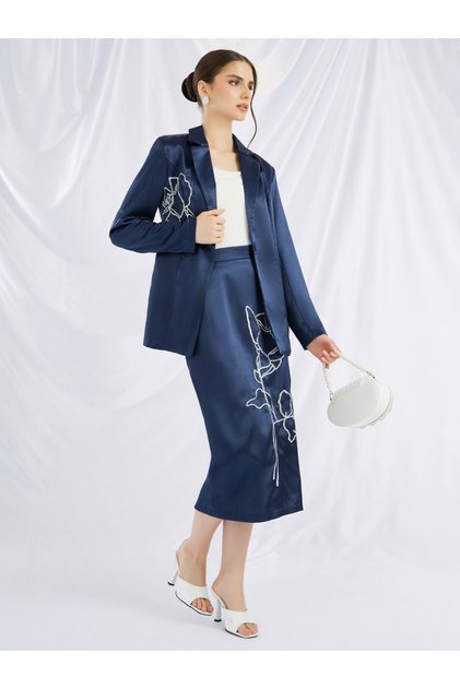 Embroidered Straight Fit Satin Midi Skirt
