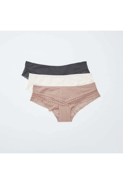 Pack of 3 cotton and lace boy shorts grey pink