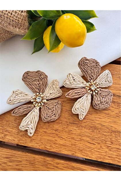 Beige Straw Jute Thread Embroidered Flower Earrings