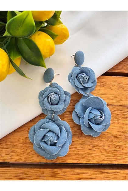 Blue Long Jean/Jeans Flowers Earrings