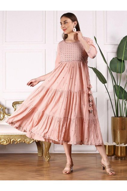 Women Peach Mirror Embroidered 3/4 Sleeve A-Line Midi Dress