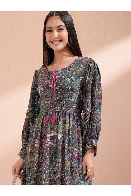Women Paisley Print Tie-Up Neck A-Line Knee-Length Dress