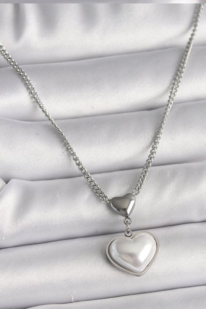 Mey Import ® 316L Steel Silver Color Chain 3D Heart Model Women's Necklace