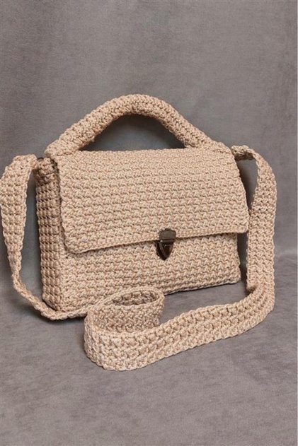 - Hülya 6683 9518 Hand Knitted Beige Macrame Thread Women's Hand and Shoulder Bag