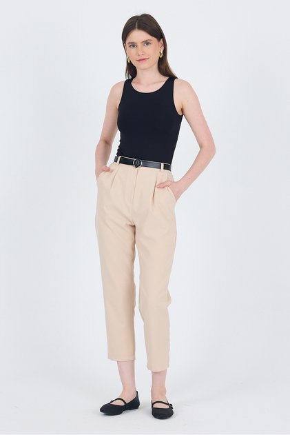 Beige High Waist Belted Carrot Cut Trousers 6418A