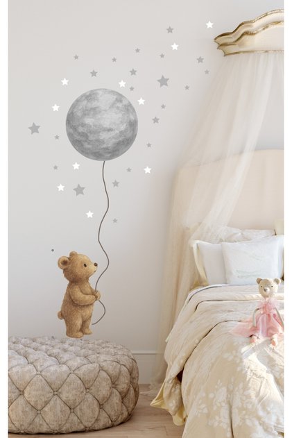 Pastel Balloon Baby Teddy Bear - Moon and Stars Decorative Kids Room Wall Sticker Set