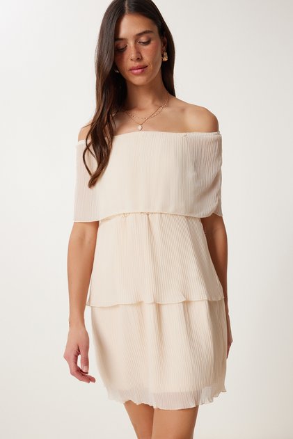 Rochie mini din șifon pliată crem pentru femei WF00160