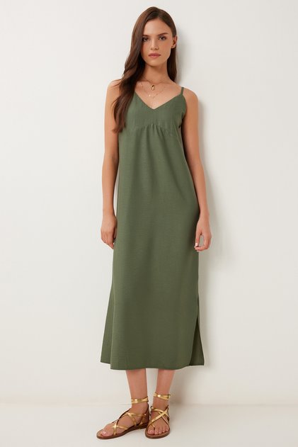 Women's Khaki Strap Summer Midi Crinkle Dress Mx00195