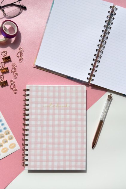 Pink Gingham - A5 15X21 cm Hard Cover Spiral Lined Note / School / Memory Notebook