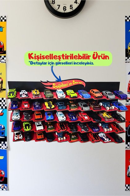Oyuncak Araba Rafı 50'li Araçlık Kırmızı - Kişiye Özel - (1/64 ÖLÇEKLİ ARABALAR IÇİN UYGUNDUR)