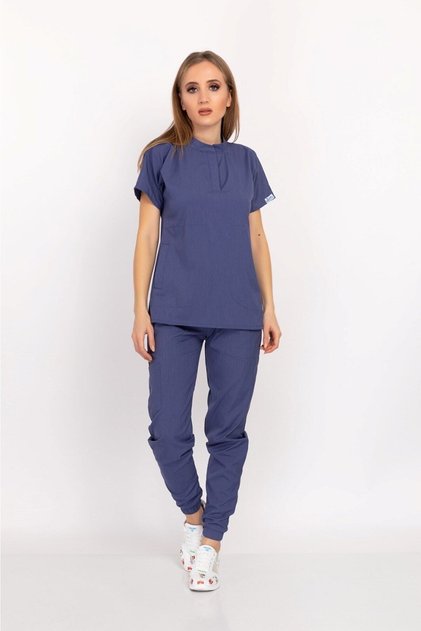 Storm Blue Çağla Model Snap-Button Stand Collar Soft Lycra Nurse Doctor Hospital Scrubs Set