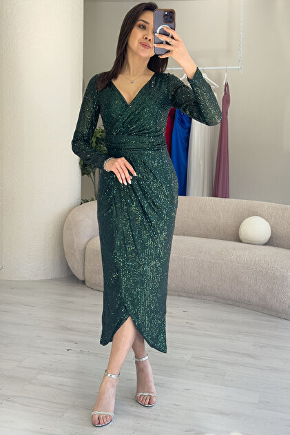 zks grup tekstil Women's Emerald Green Sequin Design Double Breasted Collar  Long Sleeve New Season Plus Size Evening Dress- Trendyol