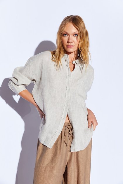 Natural 100% Pure Linen Washed Luxury Single Pocket Oversize Women's Shirt - 9571