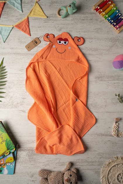 Crab - Embroidered Muslin 100% Organic Cotton - Summer Sea and Pool Wear - Baby Newborn Bath Drying Swaddle - Towel - Hooded - Poncho - Orange