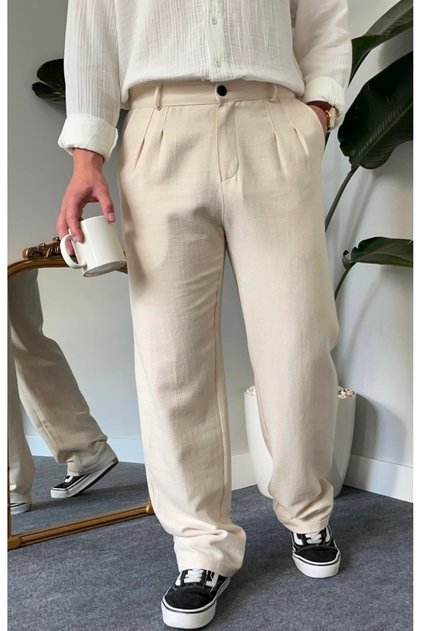 Loose Cut Baggy Fit Buttoned Linen Fabric Trousers