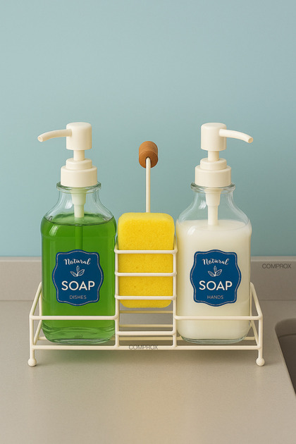 Glass Liquid Soap Dispenser and Dish Soap Dispenser Set of 2 – 500 ml Metal Stand, Wooden Handle, Sponge Container