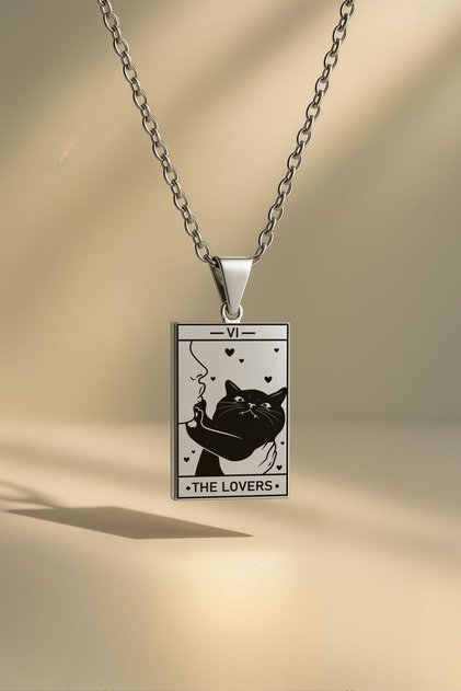 Tarot Cat the Lovers - Lovers Card 316L Stainless Steel Silver Necklace