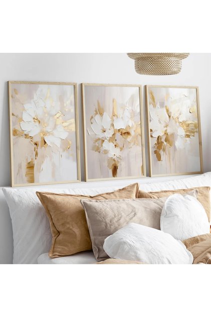 Framed Wooden Table, White Gold Flower Patterns