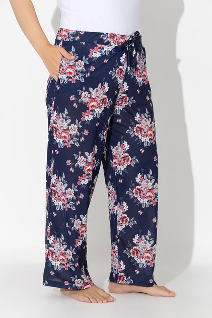 Women's Plus Size Navy Blue Colored Floral Pattern Loose Bottom Home Wear