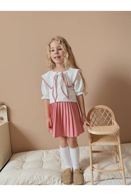 Set fustă plisată pentru fete I Guler cu volane în stil vintage I Detaliu guler cu fundă pentru fete