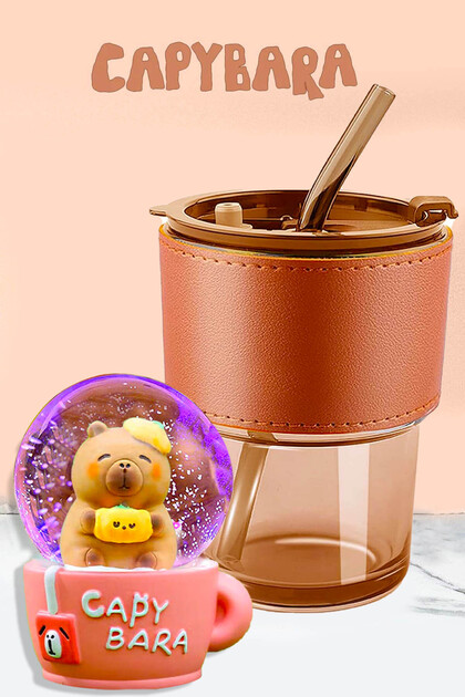 Capybara Kapibara Işıklı Kar Küresi & İsme Özel Deri Cam Pipetli Bardak