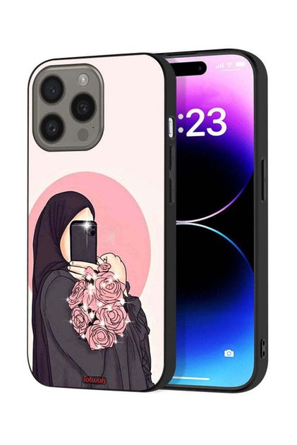 غطاء حماية لجهاز Apple iPhone 15 Pro Max بتصميم فن التقاط صور سيلفي أثناء حمل الزهور