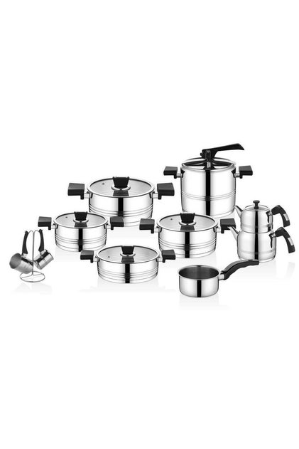 1119 - 18 Pieces - Induction Cooker Compatible, Stainless Steel Dowry Set, Silver Body, Black Detail