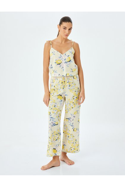 V Yaka İnce Askılı Limon Baskılı Pamuklu Pijama Üstü