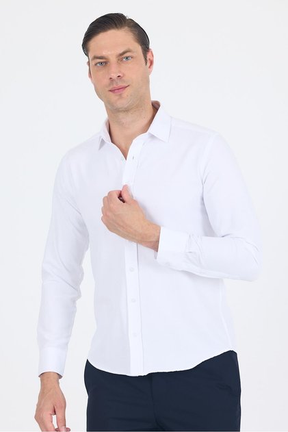 White Hard Collar Plain Classic Cotton Slim Fit Shirt 1004250214