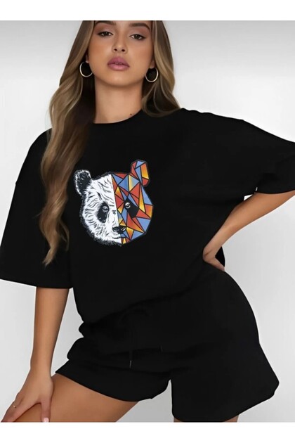 SET TRIOUĂ PANTALONI SCURTĂ PANDA COLORATĂ