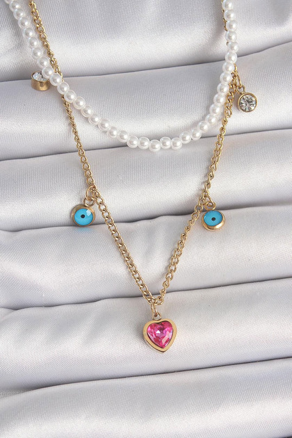316L Stainless Steel Double Layer Necklace with Heart Pearl and Evil Eye Bead Detail