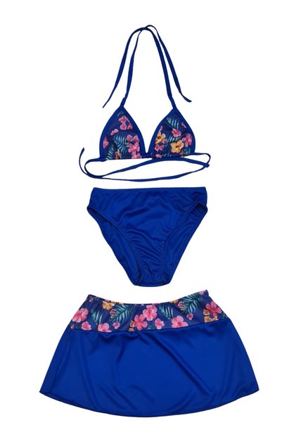 Navy Blue Floral Girl's Skirted Bikini Set
