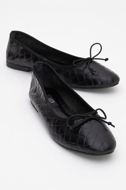 Black Genuine Leather Flat Women's Ballerinas with Bow Detail
